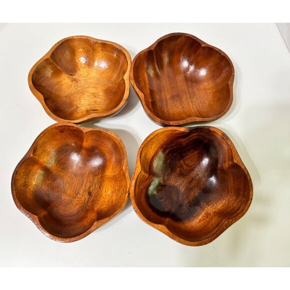 9 Piece Monkey Pod Wood Salad Serving Bowl Set Mid Century Scalloped - Picture 9 of 11